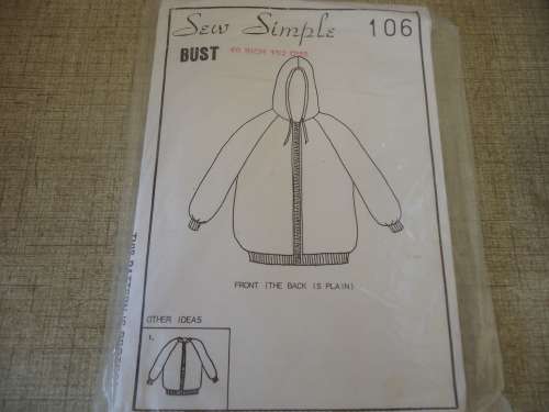 SEW SIMPLE PATTERNS NO 106 HOODED TRACKSUIT TOP SIZE 40" 102 CM