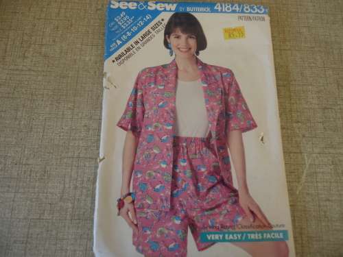 BUTTERICK "SEE & SEW" PATTERN 4184/833 SHIRT, TOP & SHORTS SIZE A = 6 + 8 + 10 + 12 + 14 - COMPLETE
