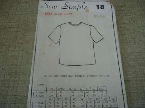 SEW SIMPLE PATTERNS # 18 T SHIRT SIZE 28" OR 72 CM