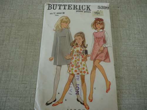 VINTAGE BUTTERICK  PATTERNS 5399 GIRL'S DRESS SIZE 12 BREAST 30" OR 76 cm - COMPLETE