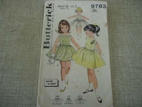VINTAGE BUTTERICK  PATTERNS 9783 GIRL'S DRESS  SIZES 3 YEARS BREAST 22" OR 56 cm -MISSING COLLAR