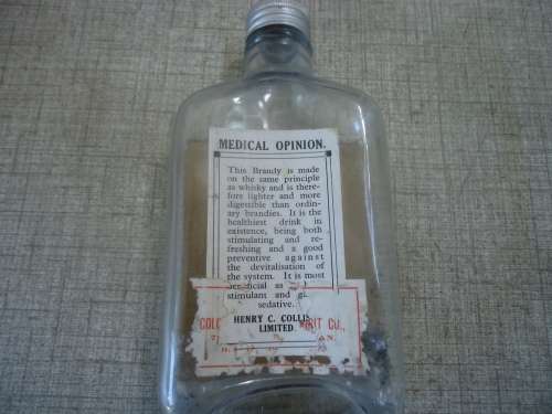 RARE - COLLISON'S COMMANDO 1815 BRANDY - CAPE COLONY"NIP - BOTTLE" FLASK+MEDICAL OPINION ON BACK!