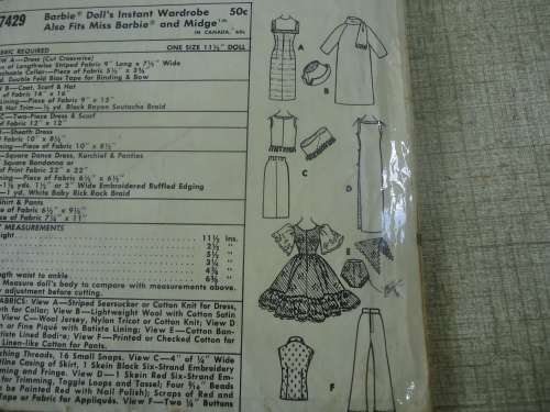 McCALLS  PATTERNS 7429  -BARBIE DOLLS INSTANT WARDROBE - COMPLETE & UNCUT