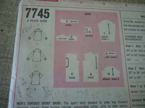 SIMPLICITY PATTERNS 7745 MEN'S SHIRT   SIZE NECK 15 1/2 CHEST 40"  COMPLETE