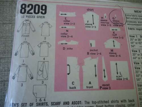 SIMPLICITY PATTERNS 8209 men's shirts  SIZE NECK 15" CHEST 38" COMPLETE - PATTERN WELL USED