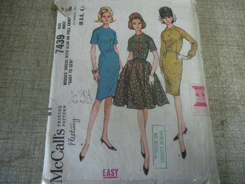 VINTAGE McCALL'S PATTERNS 7439  DRESS WITH SLIM OR FULL SKIRT SIZE  16 BUST 36" COMPLETE