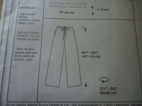 BURDA PATTERNS 2849 SIZES  PANTS SIZES 10 - 20 COMPLETE