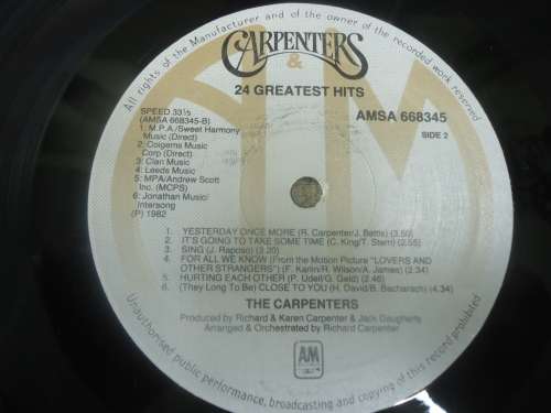 CARPENTERS - 24 GREATEST HITS-  1982 A+M  DOUBLE STEREO GATEFOLD LP SET