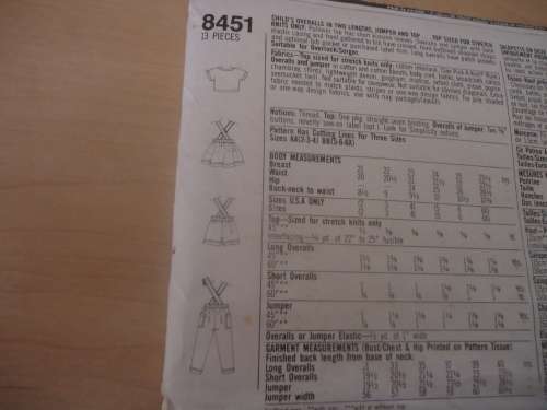SIMPLICITY PATTERNS 8451 KIDDIES DUNGAREES SIZE AA - AGE 2 - 4 - COMPLETE