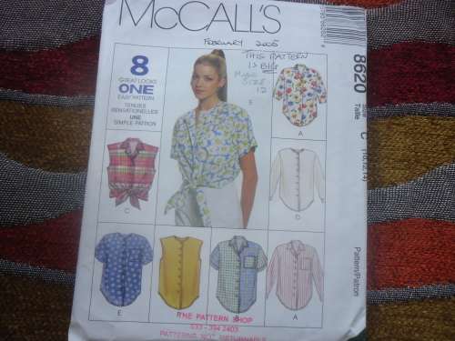McCALL'S PATTERNS 8620 SHIRTS/TOPS  SIZEC =  10 + 12 + 14 COMPLETE