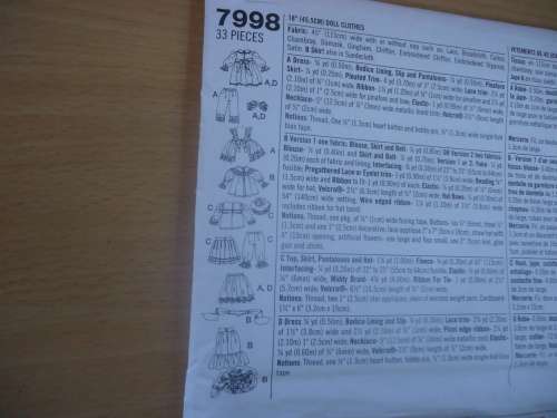 SIMPLICITY CRAFTS PATTERNS  7998 18" OR 45.5 cm DOLLS CLOTHES - COMPLETE & UNCUT