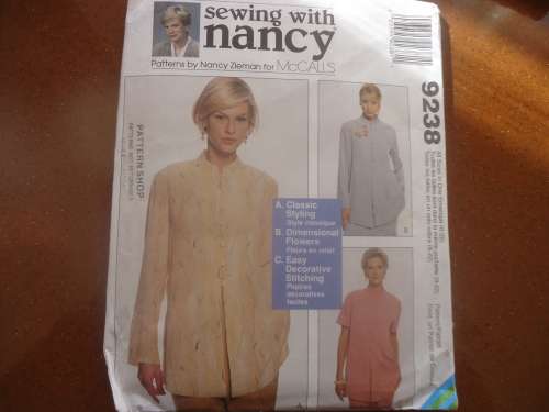 McCALL'S PATTERNS 9238 SEWING WITH NANCY-  MADERIN COLLAR TOP SIZES 8 - 22  COMPLETE & UNCUT