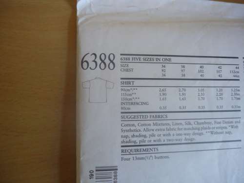 NEW LOOK PATTERNS 6388 MEN'S CASUAL SHIRT 5 SIZES IN ONE  36 - 44  COMPLETE & UNCUT