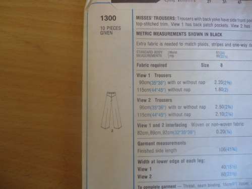 STYLE PATTERNS 1300 - PANTS  SIZE 16 WAIST 76 CM  - COMPLETE