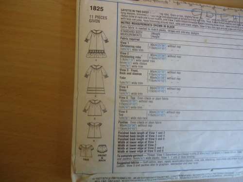 STYLE PATTERNS 1825 -BABY LAYETTE SIZE NEW BORN 3 - 6 KGS  - MISSING INSTRUCTIONS