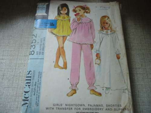 VINTAGE McCALL'S PATTERN 8352 GIRLS PJS WITH TRANSFER SIZE 12 YEARS- SEE DESCRIPTION