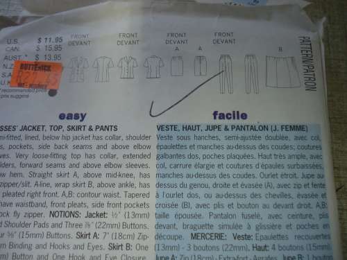 BUTTERICK PATTERN 4938 JACKET, TOP, SKIRT & PANTS SIZE 12 +  14 + 16   COMPLETE