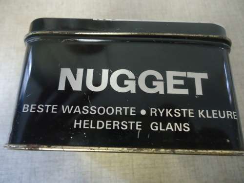 NUGGET BLACK SHOE POLISH TIN WITH hinged  LID  -7 CM HEIGHT 15 CM LENGTH 12 CM WIDTH