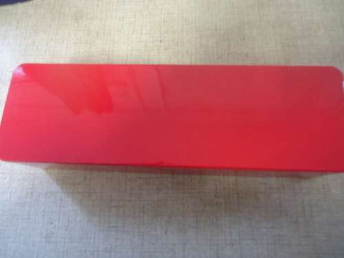 FIRE RED RECTANGULAR TIN (WOOLIES) WITH  LID-6.5 CM HEIGHT 32 CM LENGTH   WIDTH 9.5 CM - GREAT