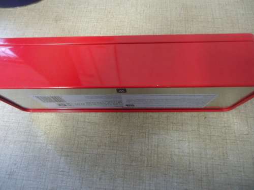 FIRE RED RECTANGULAR TIN (WOOLIES) WITH  LID-6.5 CM HEIGHT 32 CM LENGTH   WIDTH 9.5 CM - GREAT