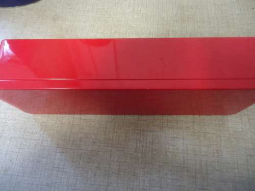 FIRE RED RECTANGULAR TIN (WOOLIES) WITH  LID-6.5 CM HEIGHT 32 CM LENGTH   WIDTH 9.5 CM - GREAT