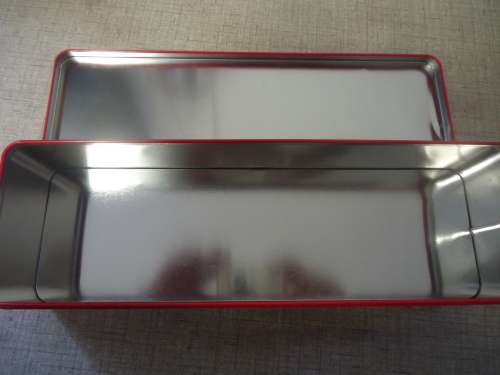 FIRE RED RECTANGULAR TIN (WOOLIES) WITH  LID-6.5 CM HEIGHT 32 CM LENGTH   WIDTH 9.5 CM - GREAT