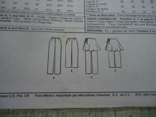 McCALL'S PATTERN  - 7449  LOOSE FITTING PANTS & SKIRT SIZE C =10 + 12 + 14 COMPLETE & UNCUT