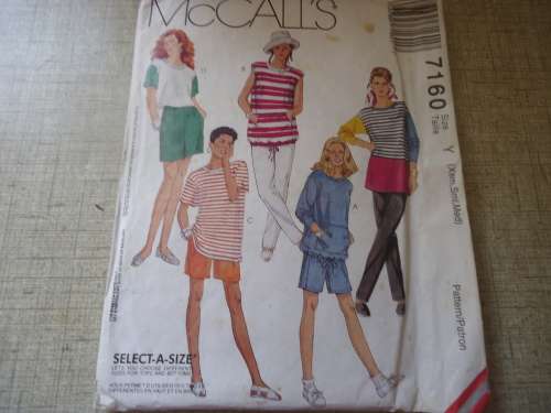 McCALL'S PATTERN -7160 TOPS,PULL ON PANTS & SHORTS (STRETCH KNITS)SIZE Y= XS, S & M - NO SEWING INST