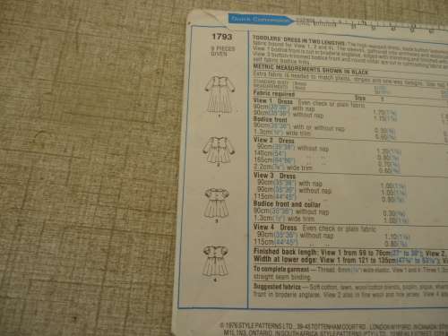 STYLE PATTERNS 1793 TODDLER'S DRESS SIZE 2 YEARS CHEST 53 CM - COMPLETE