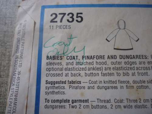 STYLE PATTERNS 2735  BABY COAT ONLY    SIZE 18 MONTHS  - SEE DESCRIPTION