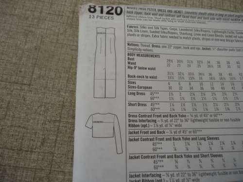SIMPLICITY PATTERNS 8120  CONTRAST DRESS & SHORT JACKET SIZE D = 4 + 6 + 8 COMPLETE & UNCUT