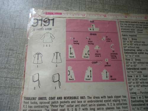 VINTAGE SIMPLICITY PATTERNS 9191 TODDLER'S COAT, DRESS & REVERSIBLE HAT SIZE 1 YEARS  COMPLETE