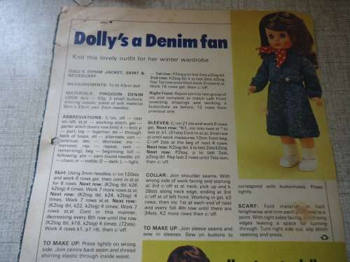 LIVING & LOVING - MARCH 1978-  DOLLY'S A DENIM FAN- DENIM JACKET, SKIRT & NECK SCARF- 43 CM DOLL