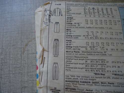 McCALL'S PATTERN 7415 UNLINED JACKET, SKIRT & PANTS SIZE  10 - SEE DESCRIPTION