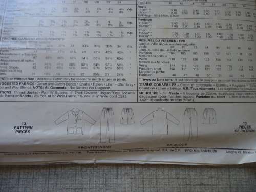 McCALL'S PATTERN 8029 UNLINED JACKET + PULL ON SHORTS & PANTS SIZE B = 18 + 20 + 22 COMPLETE