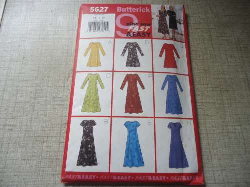 BUTTERICK  PATTERN 5627 9 DIFFERENT VARIATIONS  FLARED DRESS SIZES 14 + 16 +18 COMPLETE & UNCUT