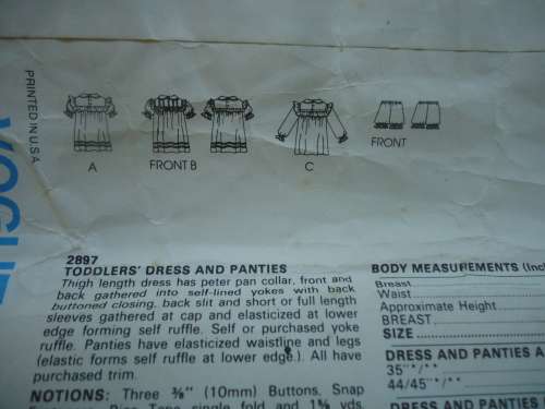 LITTLE VOGUE PATTERNS 2897 TODDLERS DRESS & PANTIES SIZE 1 YEAR COMPLETE