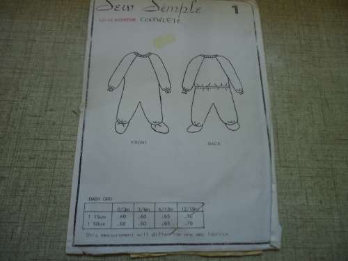 SEW SIMPLE PATTERNS #1 BABY GRO  SIZE  12 - 18 MONTHS