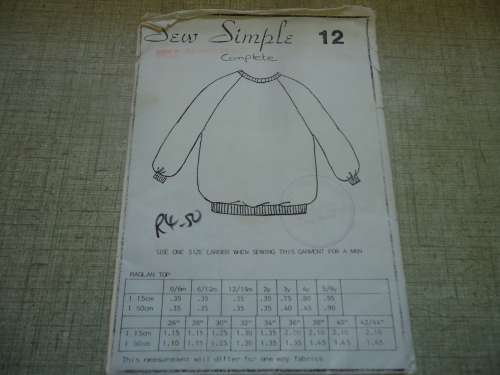 SEW SIMPLE PATTERNS #12  RAGLAN  TOP SIZE  36"/ 92 CM