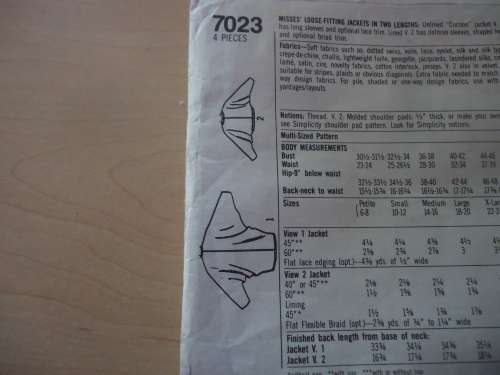 SIMPLICITY 7023 - BATWING JACKET SIZE P - XL OR 6 - 24 - SEE DESCRIPTION