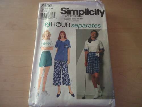 SIMPLICITY PATTERNS 7106  TOP - PANTS & SHORTS SIZE BB = LARGE - XLARGE 18 - 24  COMPLETE & UNCUT