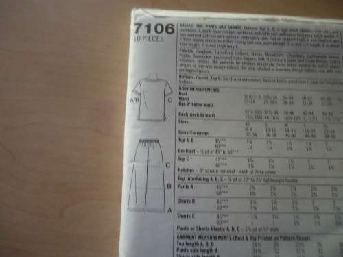 SIMPLICITY PATTERNS 7106  TOP - PANTS & SHORTS SIZE BB = LARGE - XLARGE 18 - 24  COMPLETE & UNCUT