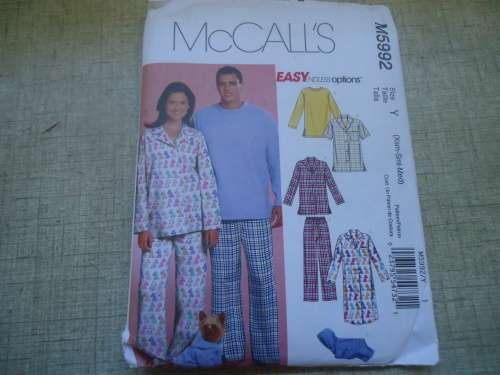 McCALLS PATTERNS M5992 UNISEX SLEEPWEAR  SIZE X-SMALL, SMALL, MED = 29 - 36" COMPLETE