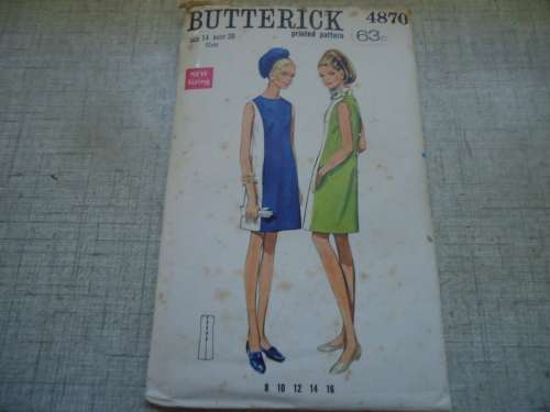 VINTAGE BUTTERICK PATTERN 4870  SEMI-FITTING SLIM SLEEVELESS DRESS SIZE 14 BUST 36" -COMPLETE
