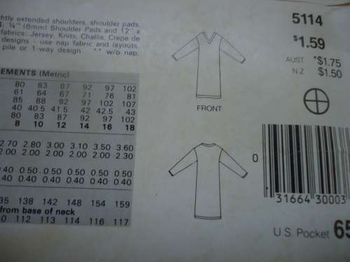 BUTTERICK PATTERN 5114 PULLOVER A LINE  DRESS SIZE B = 14 + 16 + 18 -COMPLETE & UNCUT