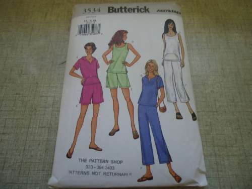 BUTTERICK  PATTERN 3534  LOOSE FITTING PULLOVER TOPS, SHORTS & PANTS SIZES 14 + 16 + 18  COMPLETE