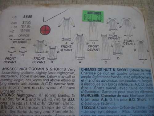 BUTTERICK  PATTERN 5854  LADIES NIGHTIES SIZES L - XL ( 16 - 22)  COMPLETE