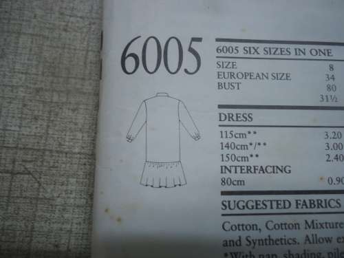 NEW LOOK PATTERNS 6005 - 6 SIZES IN ONE -DRESS- DBL BREASTED FRONT  SIZES 8 - 18 COMPLETE