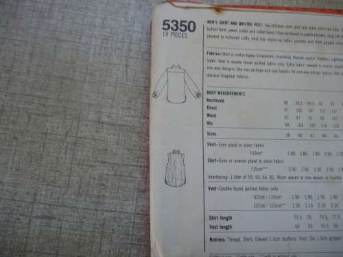 SIMPLICITY PATTERNS 5350 MEN'S SHIRT & SLEEVELESS JACKET  SIZE 38 CM - COMPLETE & UNCUT