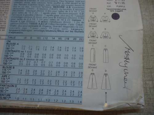 BUTTERICK PATTERN 6479 BLOUSE, SKIRT WITH SIDE FRONT, VENT, PANTS & BELT  SIZE 12 + 14 + 16 COMPLETE